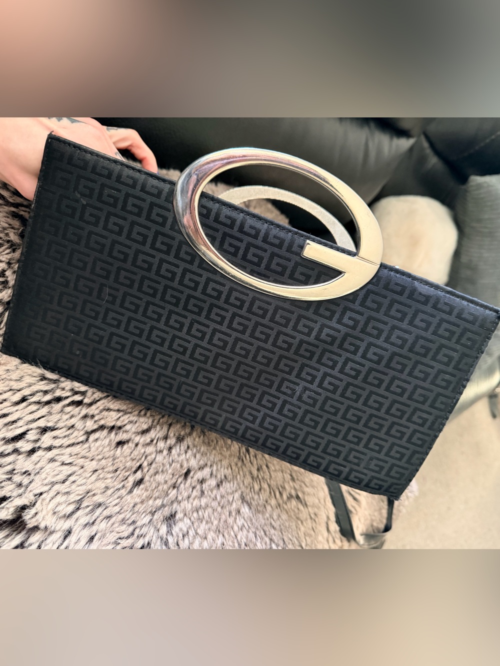 Black Logo-Print Clutch with Silver G Oval Handle